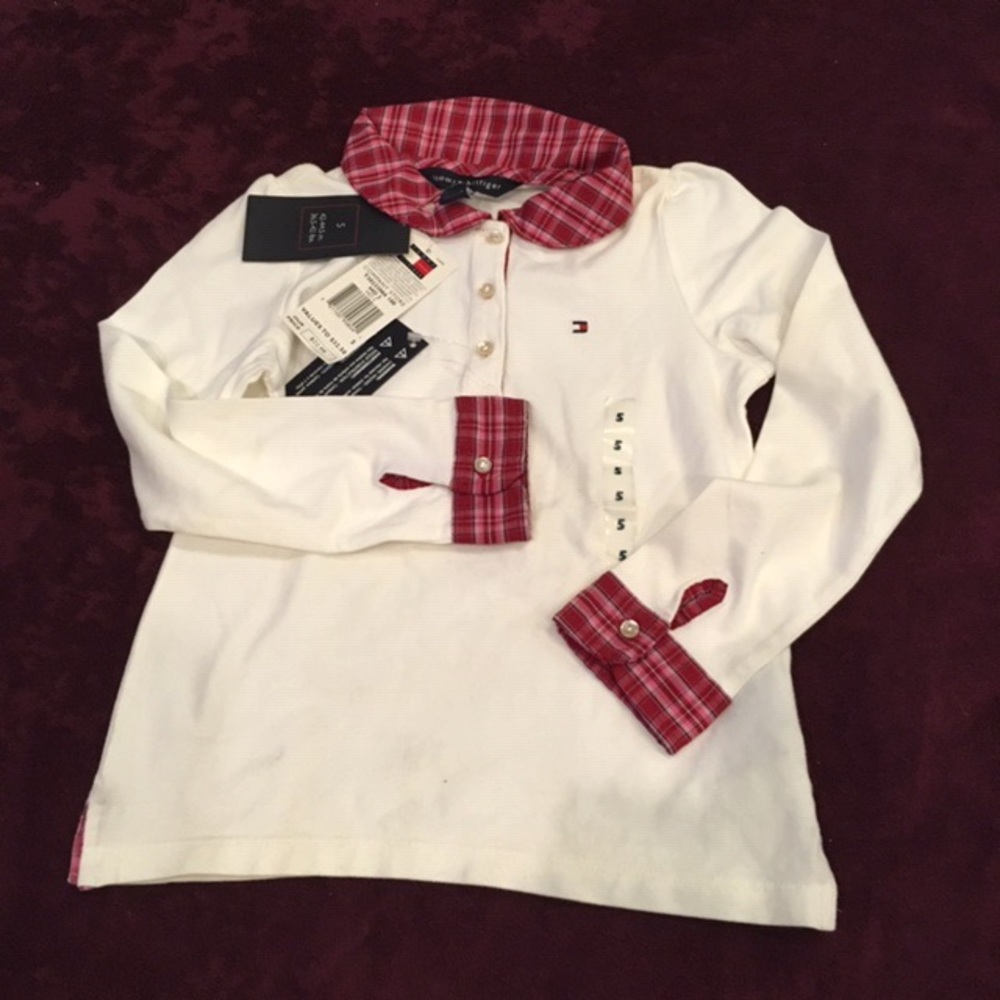 NWT Tommy Hilfiger Girls White Long Sleeve Polo Plaid Trim S 5 🏷️✨ - Picture 1 of 3